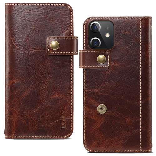 iPhone 12 mini Denior Oil Wax Cowhide DK Magnetic Button Leather Phone Case - Brown