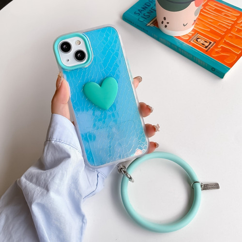 iPhone 11 Laser Crocodile Texture Hearted Phone Case with Wrist Band  - Light Blue