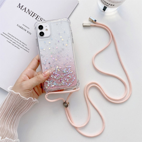 iPhone 11 Gradient Glitter Powder Epoxy TPU Thickened Acrylic Shockproof Case with Round Neck Lanyard  - Pink