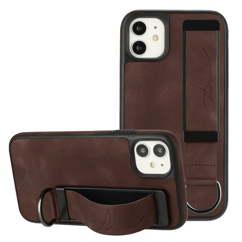 iPhone 11 Wristband Holder Leather Back Phone Case - Coffee