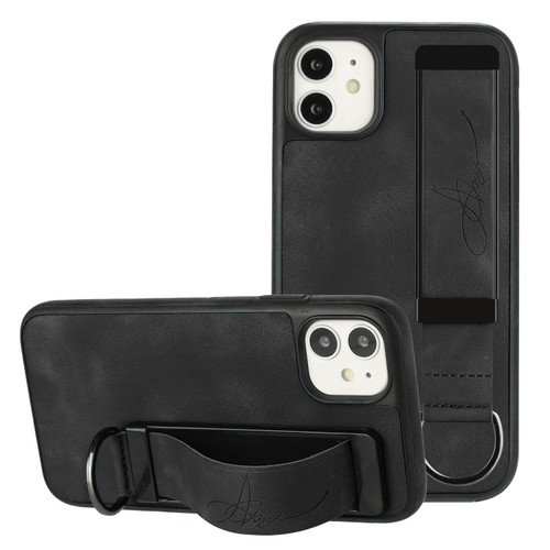 iPhone 11 Wristband Holder Leather Back Phone Case - Black