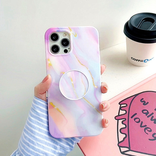 iPhone 11 Thickened TPU Glazed Marble Pattern Case with Folding Holder - Pink