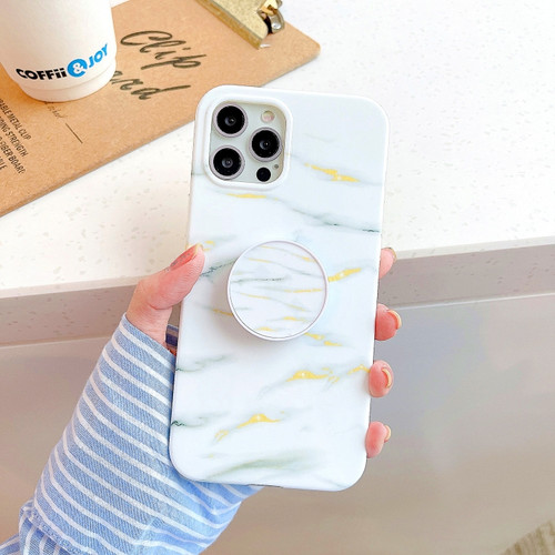 iPhone 11 Thickened TPU Glazed Marble Pattern Case with Folding Holder - White