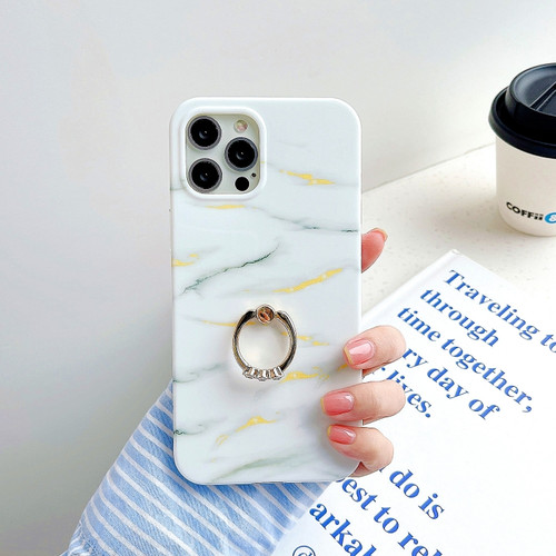 iPhone 11 Thickened TPU Glazed Marble Pattern Case with Metallic Ring Holder - White
