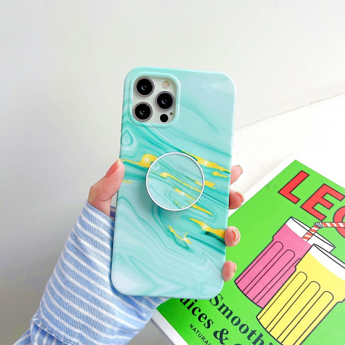 iPhone 11 Thickened TPU Glazed Marble Pattern Case with Folding Holder - Green