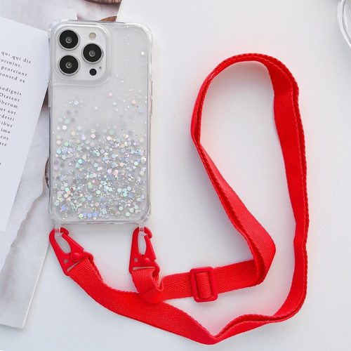 iPhone 11 Lanyard Glitter Epoxy Clear Phone Case  - Red