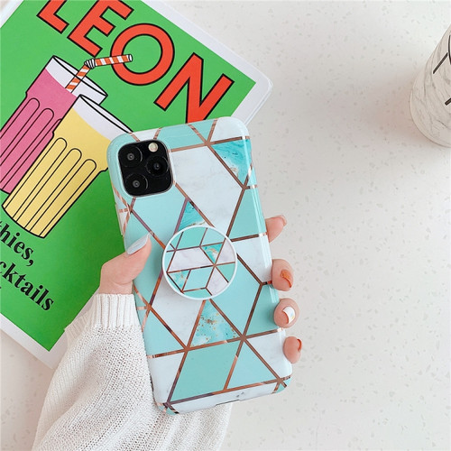 iPhone 11 Plating Colorful Geometric Pattern Mosaic Marble TPU Mobile Phone Case with Folding Bracket - Green PF2