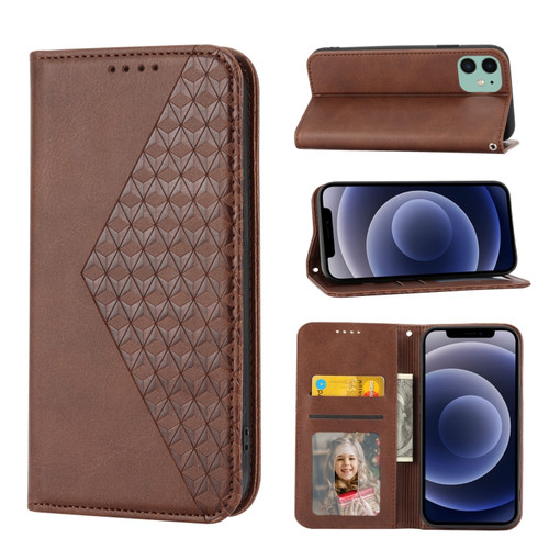 iPhone 11 Cubic Grid Calf Texture Magnetic Closure Leather Phone Case - Brown