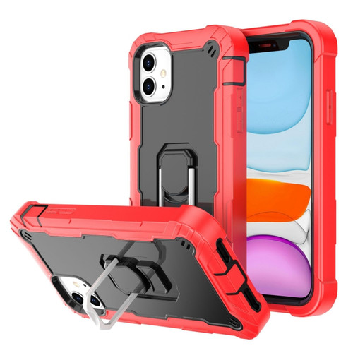 iPhone 11 PC + Rubber 3-layers Shockproof Protective Case with Rotating Holder  - Red + Black