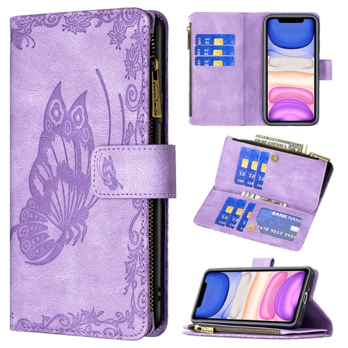 iPhone 11 Flying Butterfly Embossing Pattern Zipper Horizontal Flip Leather Case with Holder & Card Slots & Wallet - Purple