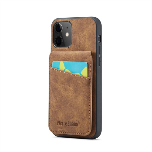 iPhone 11 Fierre Shann Crazy Horse Card Holder Back Cover PU Phone Case - Brown