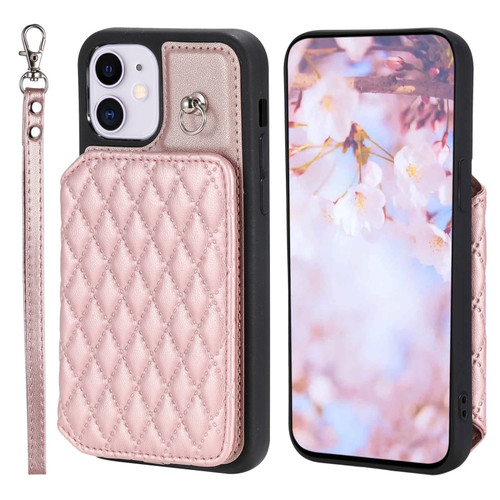 iPhone 11 Grid Texture Card Bag Phone Case with Lanyard - Rose Gold