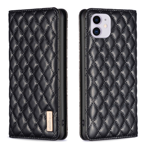 iPhone 11 Diamond Lattice Magnetic Leather Flip Phone Case - Black