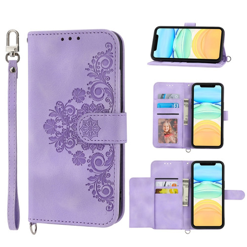 iPhone 11 Skin-feel Flowers Embossed Wallet Leather Phone Case - Purple