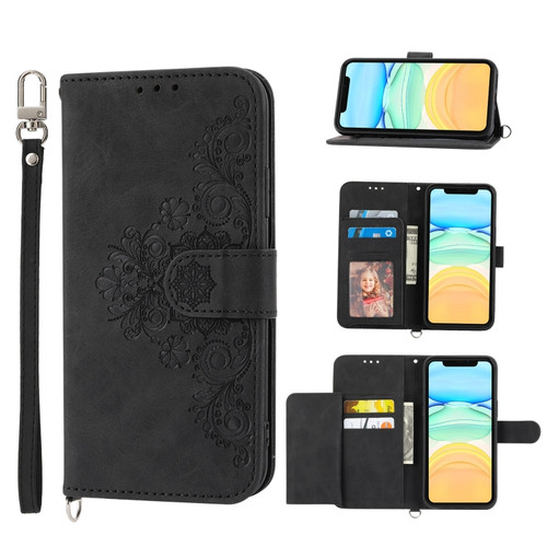 iPhone 11 Skin-feel Flowers Embossed Wallet Leather Phone Case - Black
