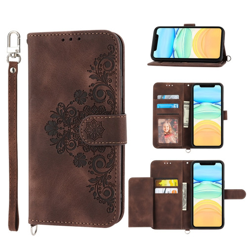 iPhone 11 Skin-feel Flowers Embossed Wallet Leather Phone Case - Brown