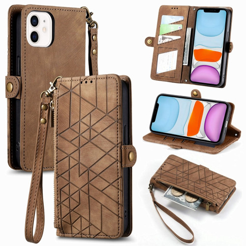 iPhone 11 Geometric Zipper Wallet Side Buckle Leather Phone Case - Brown