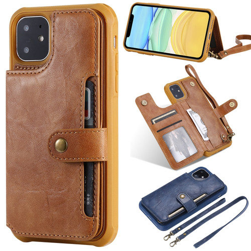 iPhone 11  iPhone 11 Buckle Zipper Shockproof Protective Case with Holder & Card Slots & Wallet & Lanyard & Photos Frame - Brown