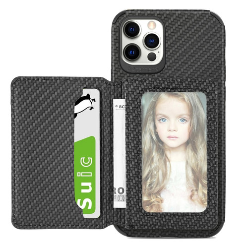 iPhone 11 Carbon Fiber Magnetic Card Bag TPU+PU Shockproof Back Cover Case with Holder & Card Slot & Photo Frame  - Black