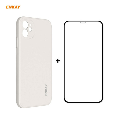 iPhone 11 Hat-Prince ENKAY ENK-PC0642 Liquid Silicone Straight Edge Shockproof Protective Case + 0.26mm 9H 2.5D Full Glue Full Coverage Tempered Glass Protector Film - Beige