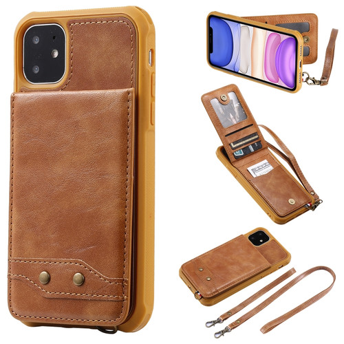 iPhone 11 Vertical Flip Wallet Shockproof Back Cover Protective Case with Holder & Card Slots & Lanyard & Photos Frames - Brown