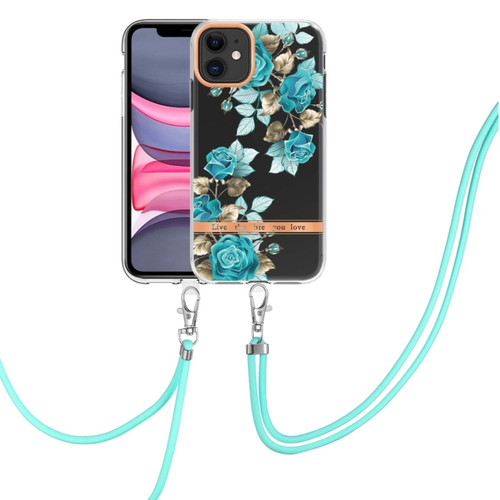 iPhone 11 Flowers Series TPU Phone Case with Lanyard  - Blue Rose
