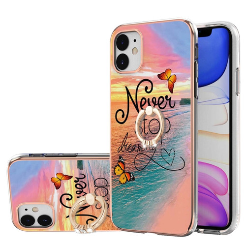 iPhone 11 Electroplating Pattern IMD TPU Shockproof Case with Rhinestone Ring Holder  - Dream Chasing Butterfly