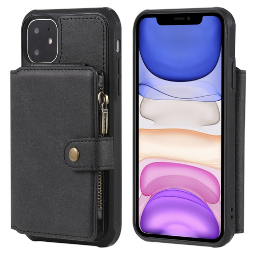 iPhone 11 Buckle Zipper Shockproof Protective Case with Holder & Card Slots & Wallet & Lanyard & Photos Frames - Black