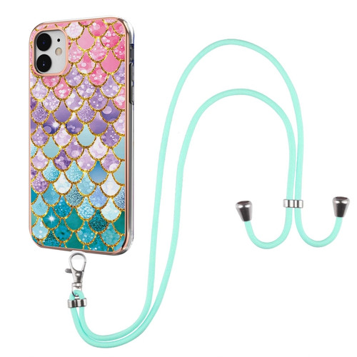 iPhone 11 Electroplating Pattern IMD TPU Shockproof Case with Neck Lanyard  - Colorful Scales