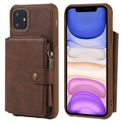 iPhone 11 Zipper Shockproof Protective Case with Card Slots & Bracket & Photo Holder & Wallet Function - Coffee
