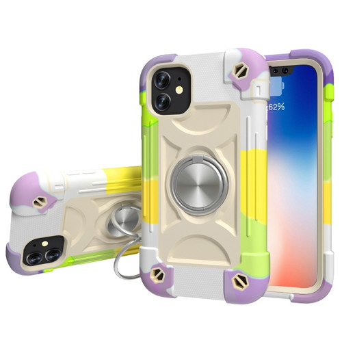 iPhone 11 Shockproof Silicone + PC Protective Case with Dual-Ring Holder  - Colorful Beige