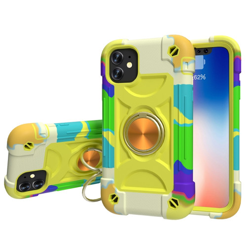 iPhone 11 Shockproof Silicone + PC Protective Case with Dual-Ring Holder  - Colorful Yellow Green