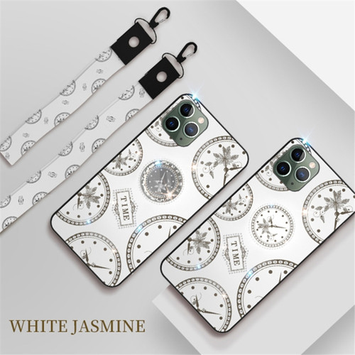 iPhone 11 Fashion Clock Pattern Rhinestone Mobile Phone Shell with Bracket / Hand Rope / Lanyard - White