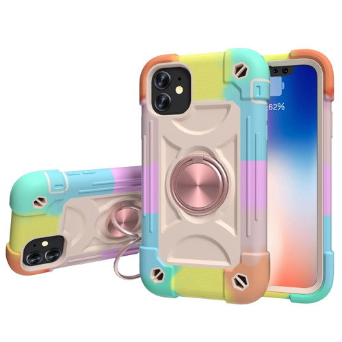 iPhone 11 Shockproof Silicone + PC Protective Case with Dual-Ring Holder  - Colorful Rose Gold