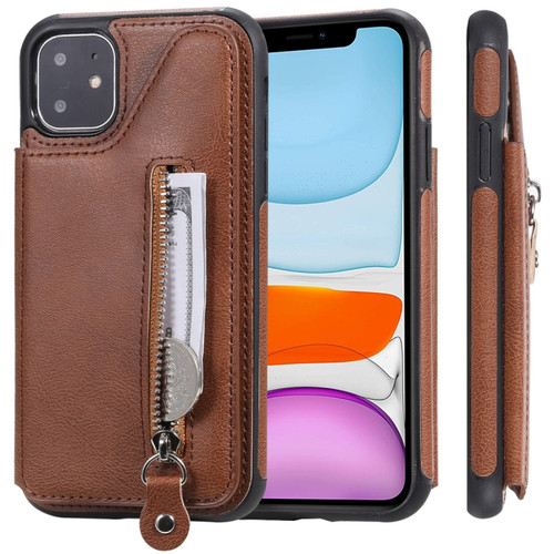 iPhone 11 Solid Color Double Buckle Zipper Shockproof Protective Case - Brown