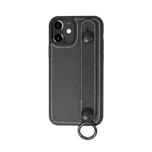iPhone 11 Top Layer Cowhide Shockproof Protective Case with Wrist Strap Bracket - Black