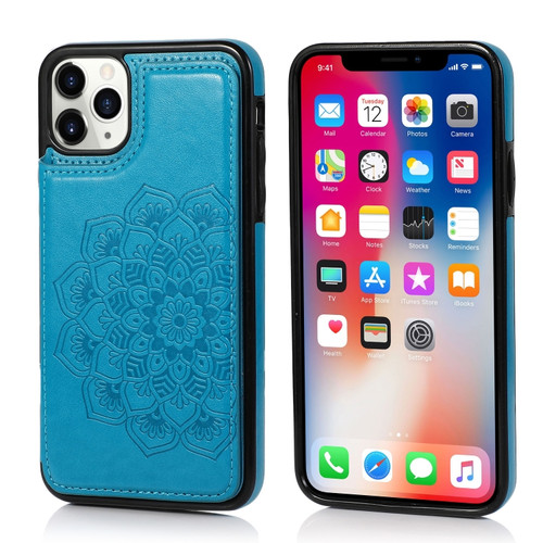 iPhone 11 Double Buckle Mandala Pattern PU+TPU Protective Case with Card Slots & Holder & Photo Frame  - Blue