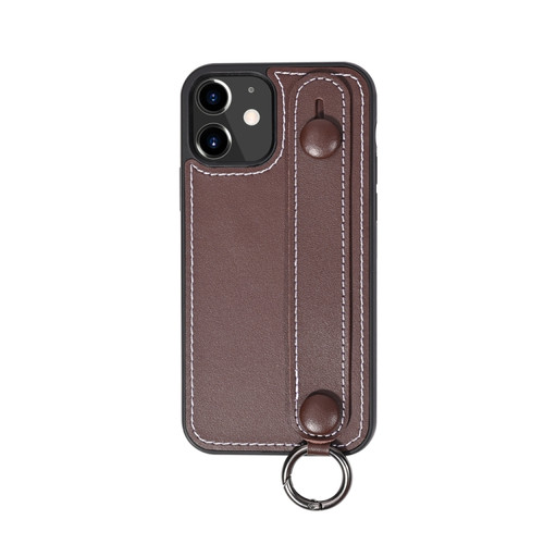 iPhone 11 Top Layer Cowhide Shockproof Protective Case with Wrist Strap Bracket - Coffee