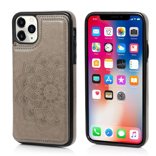 iPhone 11 Double Buckle Mandala Pattern PU+TPU Protective Case with Card Slots & Holder & Photo Frame  - Grey