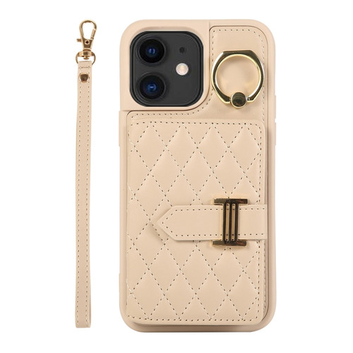 iPhone 11 Horizontal Card Bag Ring Holder Phone Case with Dual Lanyard - Beige
