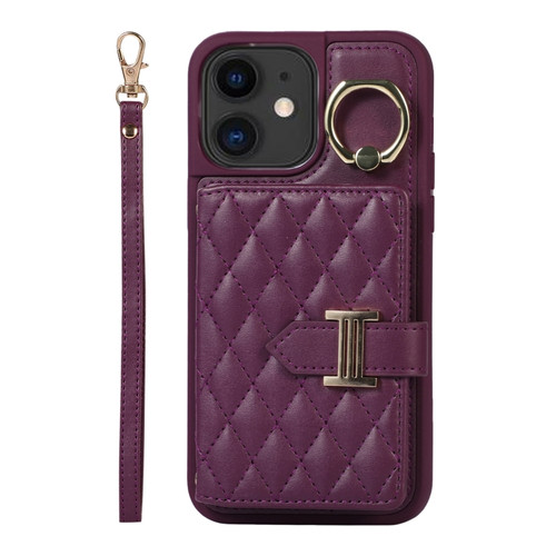 iPhone 11 Horizontal Card Bag Ring Holder Phone Case with Dual Lanyard - Dark Purple