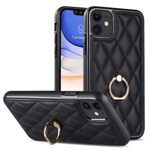 iPhone 11 Rhombic PU Leather Phone Case with Ring Holder - Black