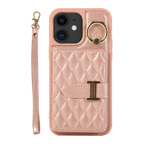 iPhone 11 Horizontal Card Bag Ring Holder Phone Case with Dual Lanyard - Rose Gold