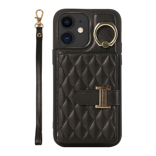iPhone 11 Horizontal Card Bag Ring Holder Phone Case with Dual Lanyard - Black