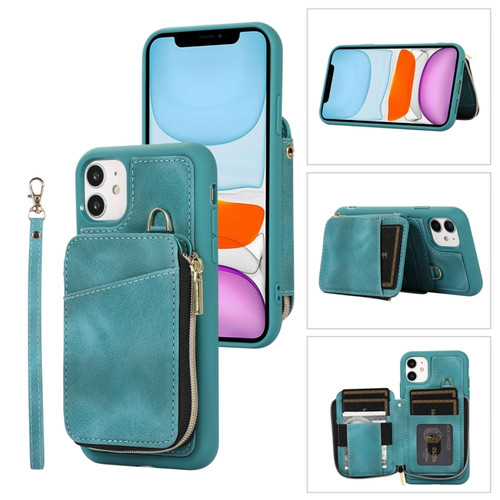 iPhone 11 Zipper Card Bag Back Cover Phone Case - Turquoise