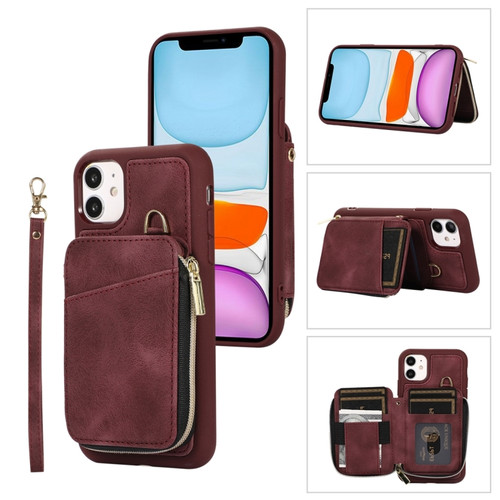 iPhone 11 Zipper Card Bag Back Cover Phone Case - Wine Red