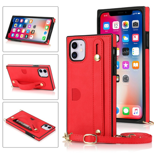 iPhone 11 Wrist Strap PU+TPU Shockproof Protective Case with Crossbody Lanyard & Holder & Card Slot - Red