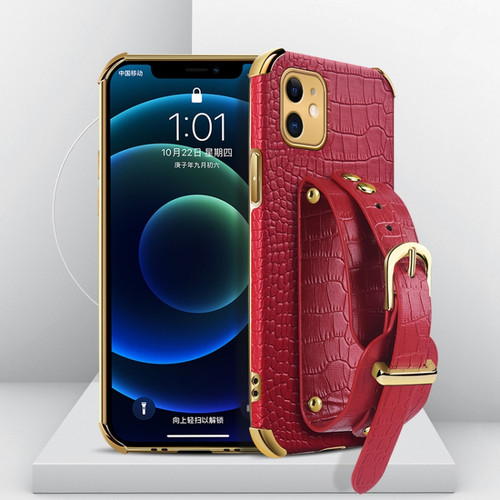 iPhone 11 Electroplated TPU Crocodile Pattern Leather Case with Wrist Strap  - Red