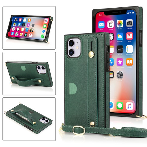 iPhone 11 Wrist Strap PU+TPU Shockproof Protective Case with Crossbody Lanyard & Holder & Card Slot - Green