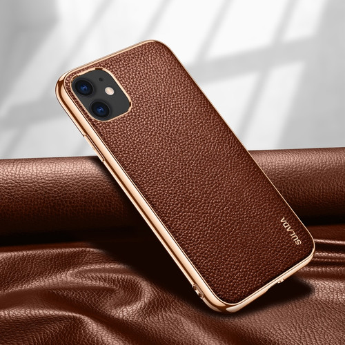 iPhone 11 SULADA Litchi Texture Leather Electroplated Shckproof Protective Case - Brown